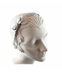 Silver Metallic Leather Headband with Leaves and Bow