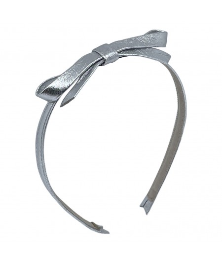 Silver Metallic Leather Center Bow Headband