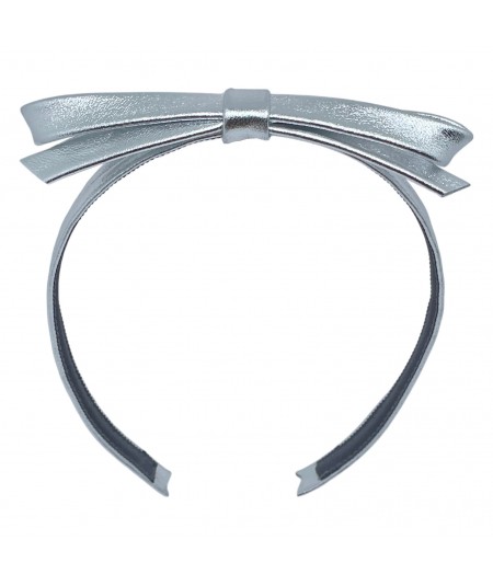 Silver Metallic Leather Center Bow Headband