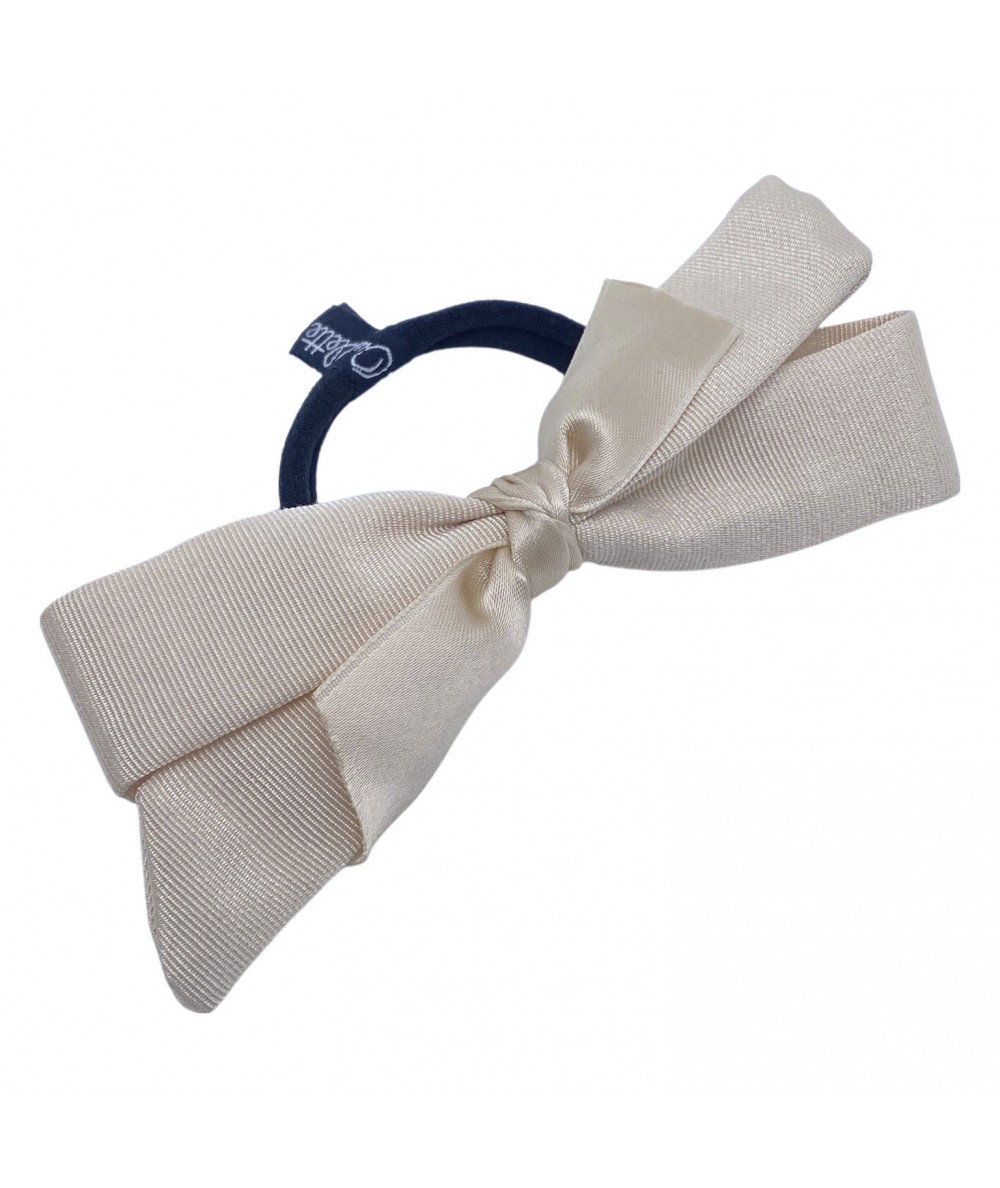 Beige Faille Bow with Satin Knot Ponytail Holder