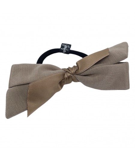 Pecan Faille Bow with Sable Satin Knot Ponytail Holder