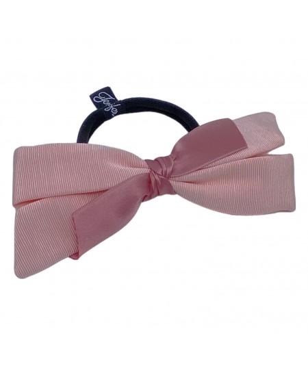Light Pink Faille Bow with Old Rose Satin Knot Ponytail Holder