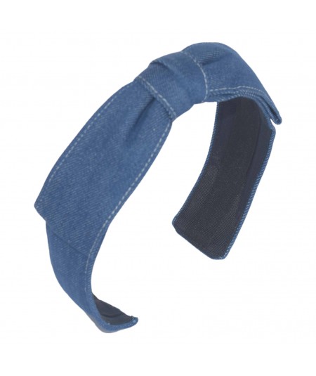 Medium Blue Denim Bow with Ivory Stitch Headband