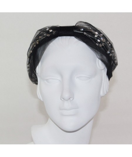 Cosmos Turban Sparkle Beaded Headband  - Black with Clear