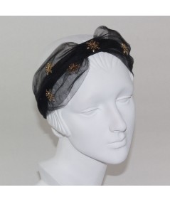 Black Tulle Extra Wide Headband Trimmed with Gold Star and Center Divot