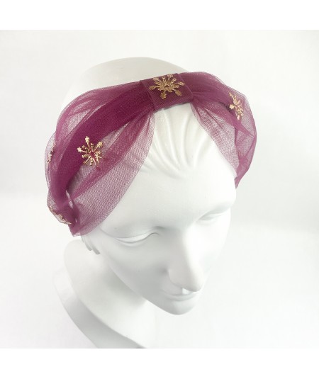 Wine Tulle Extra Wide Headband Trimmed with Star and Center Divot