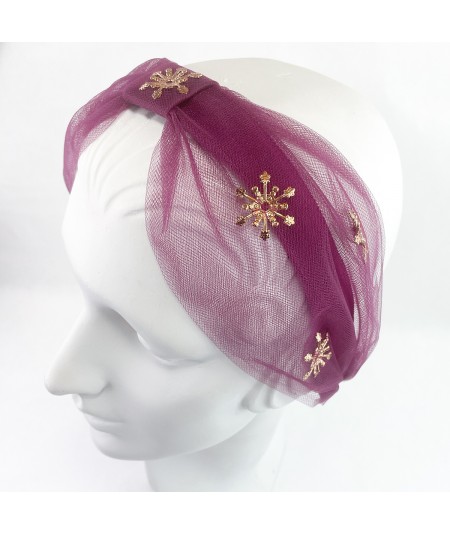 Wine Tulle Extra Wide Headband Trimmed with Star and Center Divot