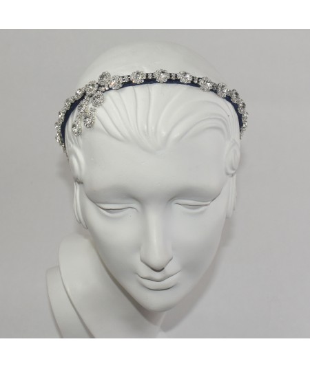 Navy Flower Rhinestone Headband with Side Detail