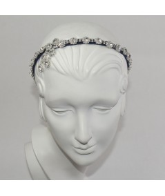Navy Flower Rhinestone Headband with Side Detail