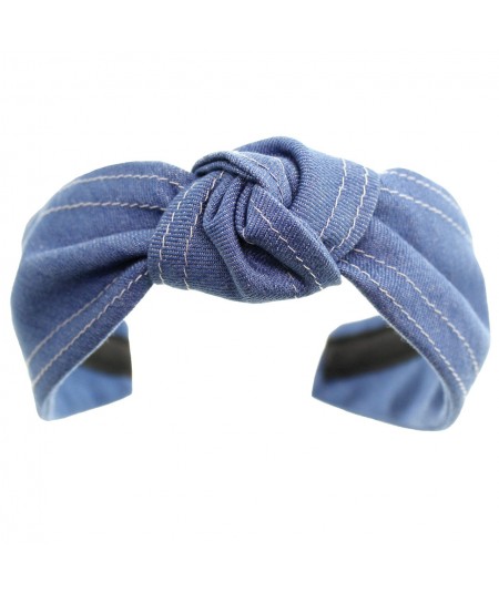 Medium Blue Denim Center Knot Turban with Double Contrast Stitch Headband