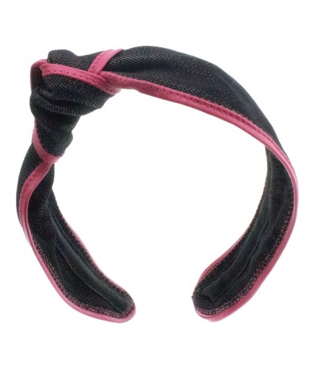 Black Denim with Hot Pink Leather Side Turban Headband