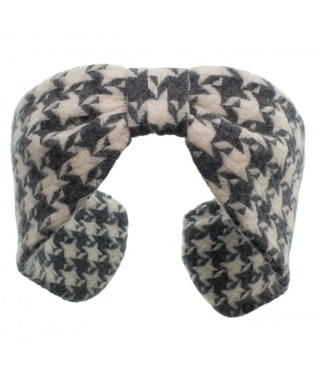 Grey Ivory Check Wool Center Divot Headband Earmuffs