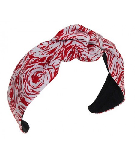 White and Red Roses Silk Print Center Knot Turban Headband