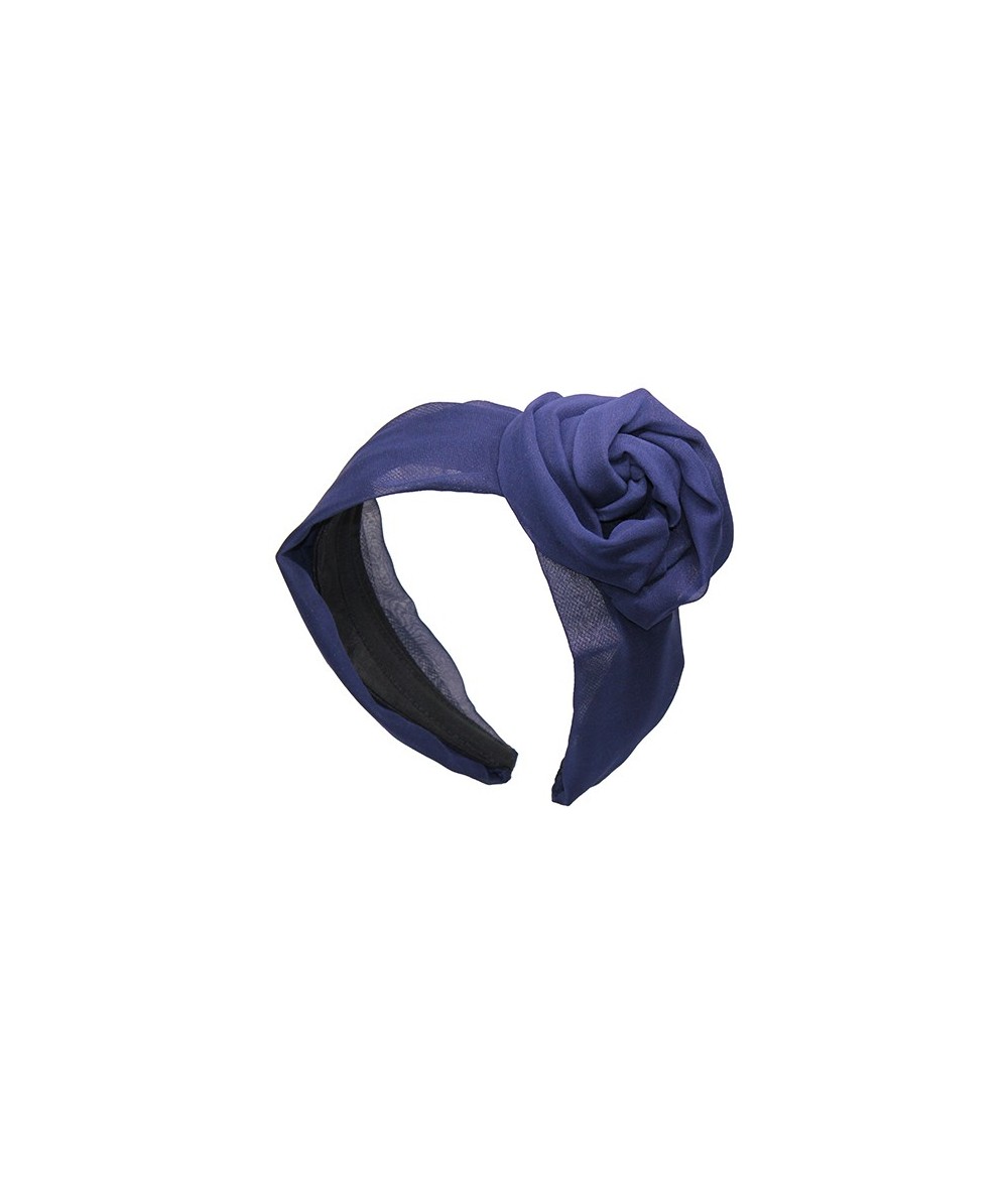 Navy Silk Chiffon Extra Wide Headband with Side Handmade Rose