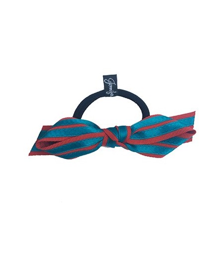 Red Grosgrain with Turquoise Satin Stripe Bow Ponytail Holder