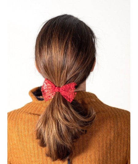 Red Dots Tulle Bow Hair Ponytail Elastic