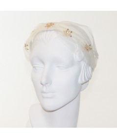 Ivory Tulle Extra Wide Headband Trimmed with Gold Star and Center Divot