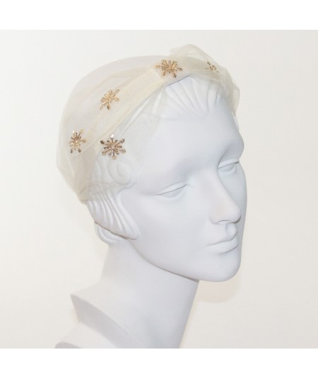 Ivory Tulle Extra Wide Headband Trimmed with Gold Star and Center Divot