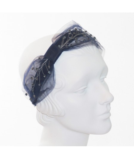 Navy Tulle and Gunmetal Cosmic Spray Side Turban Headband