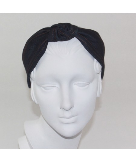 Indigo Denim Center Knot Turban with Double Contrast Stitch Headband