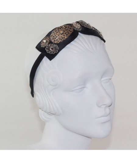 Black Center Satin Bow with Metal Flower Trim Headband
