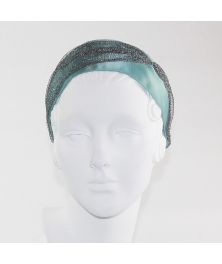 Petrol Satin with Metallic Tulle Side Divot and Color Stitch Headband
