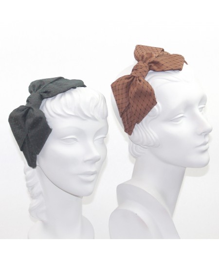 Satin Covered Veiling Carolina Bow Headband - Charcoal with Dark Green - Cocoa with Black