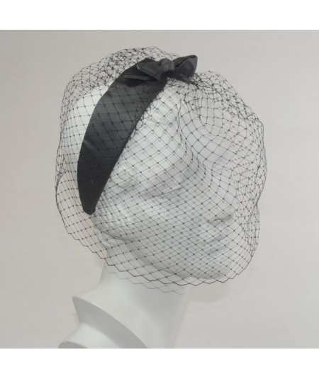 Charcoal Black Face Veil with Satin Bow
