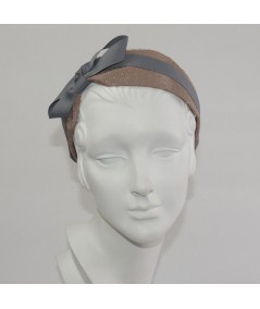 Pecan With Grey Bengaline Covered Extra Wide Headband with Side Grosgrain Bow