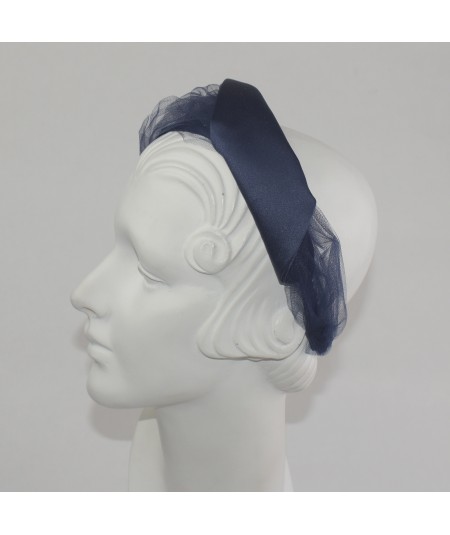 Navy Satin with Tulle Twist Headband