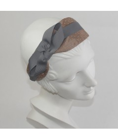 Pecan With Grey Bengaline Covered Extra Wide Headband with Side Grosgrain Bow