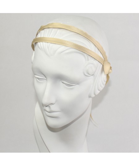 Beige Double Satin Headband with Bow Tie at Nape of Neck