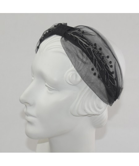 Black Extra Wide Tulle Center Divot Pearls Headband