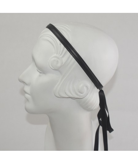 Leather Skinny Headband with Satin Long Tie
