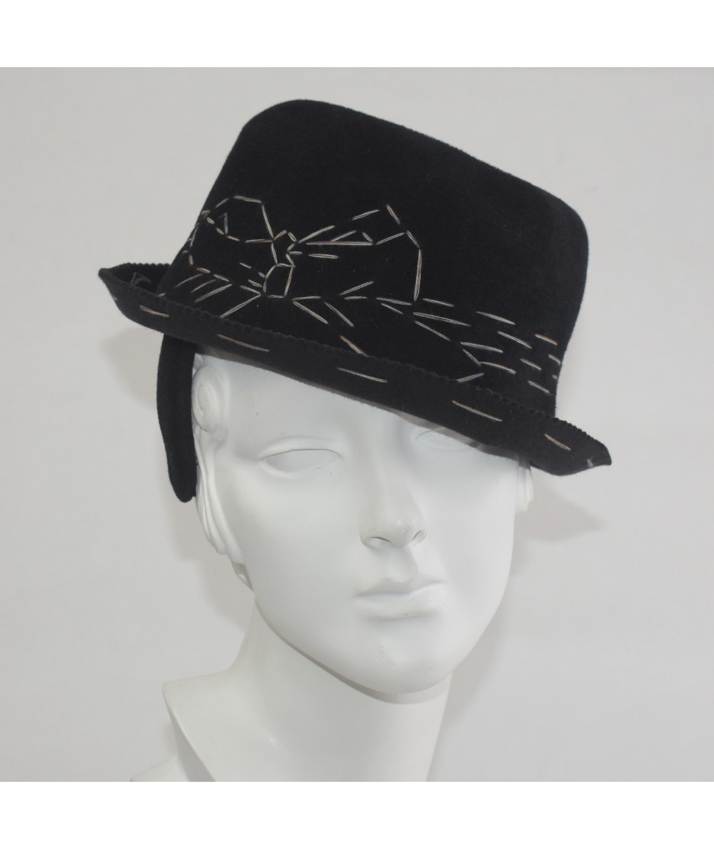 Trilby Felt Hat with Colored Stitch Band and Bow Headpiece Fascinator