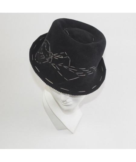 Trilby Felt Hat with Colored Stitch Band and Bow Headpiece Fascinator